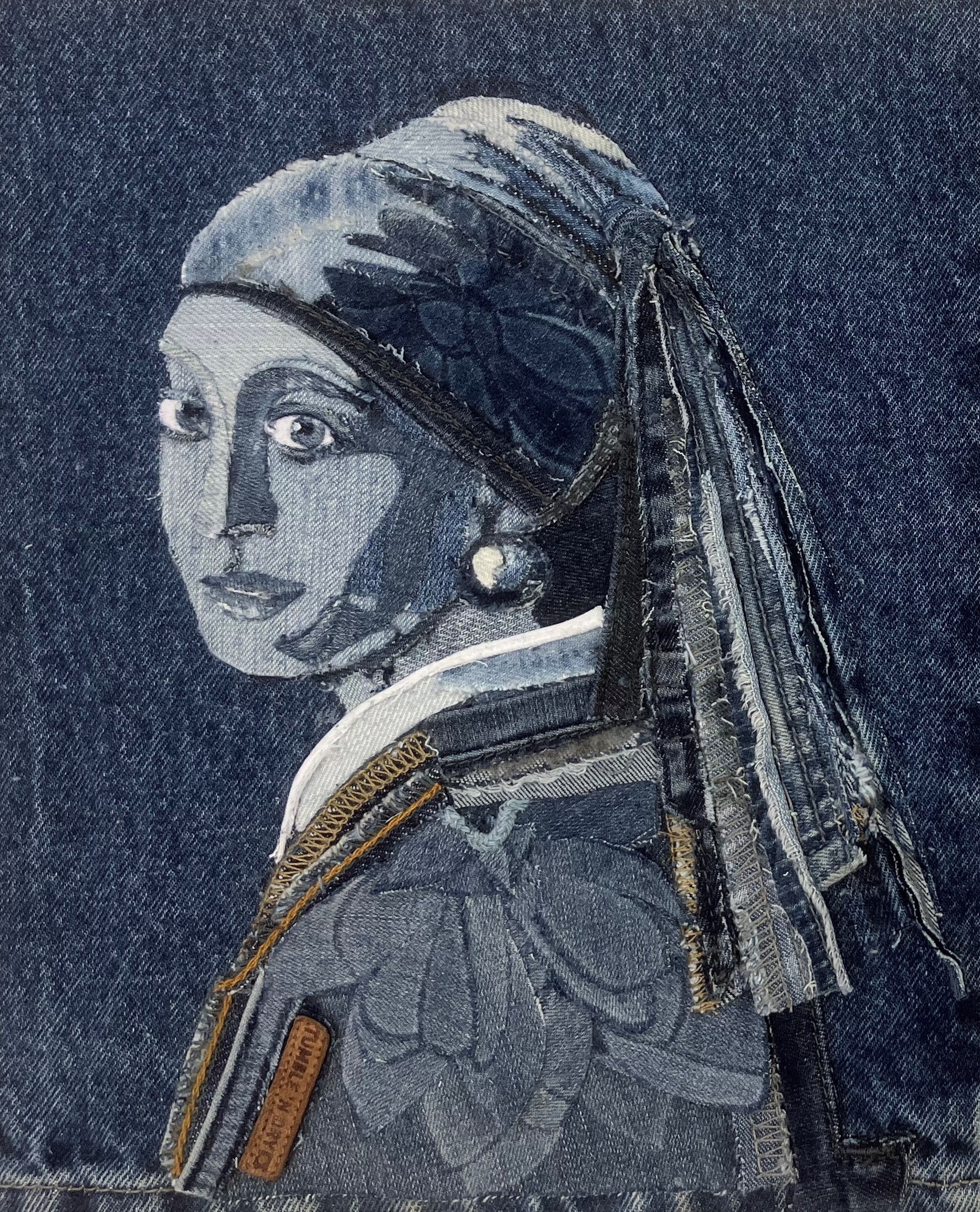 Meisje van Vermeer uitgevoerd in jeansstof