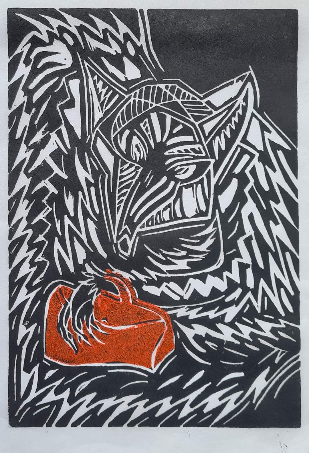 Linosnede van vos met tas