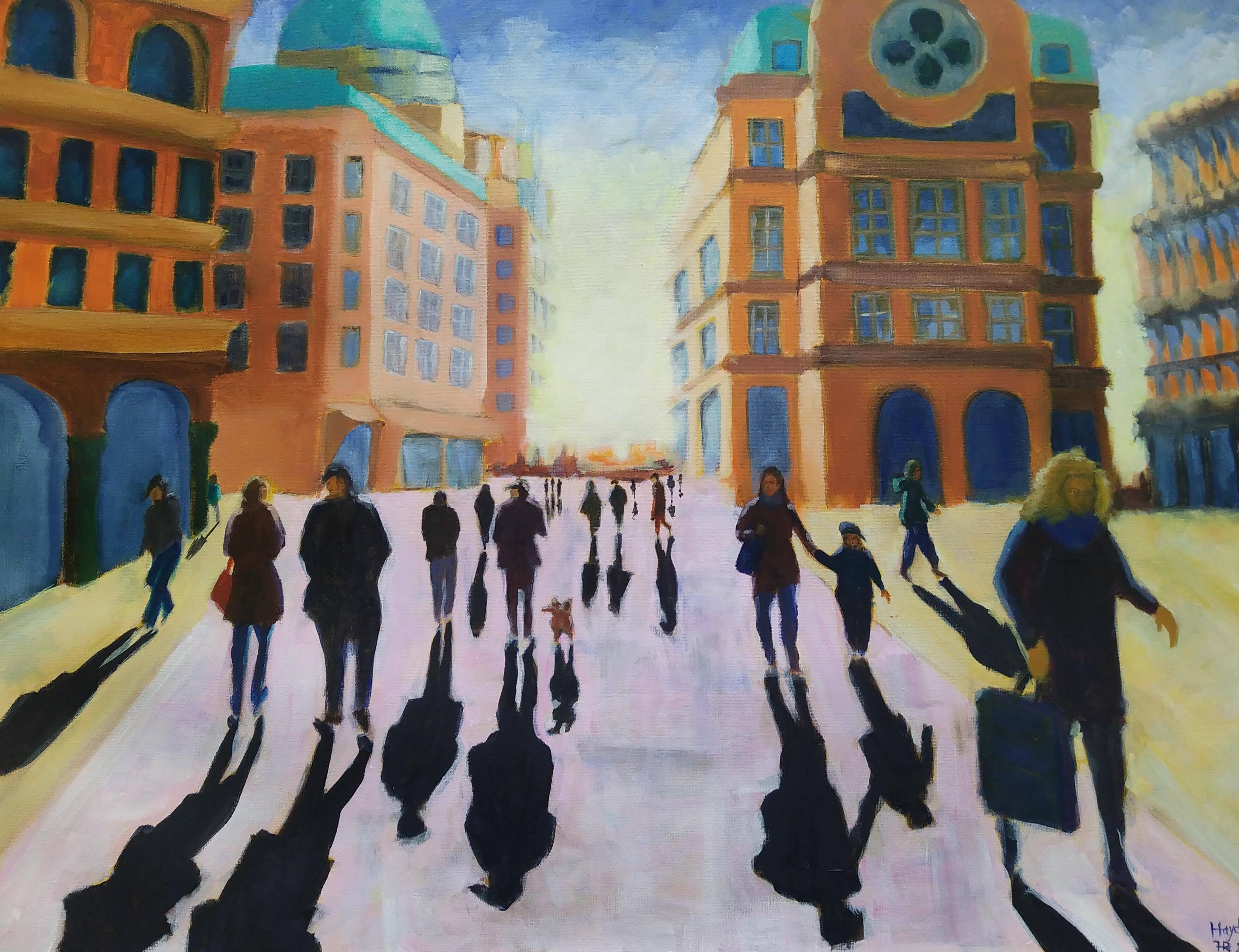 Schilderij met mensen op een plein