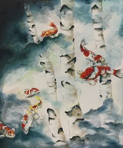Schilderij met karpers en berkenbomen