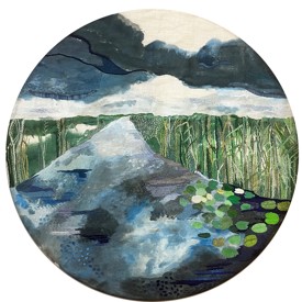 Textielkunstwerk van een landschap