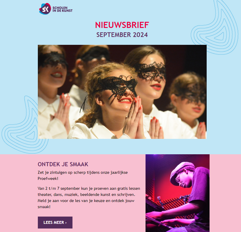 Screenshot van een nieuwsbrief van Scholen in de Kunst