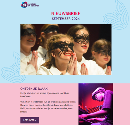 Screenshot van een nieuwsbrief van Scholen in de Kunst